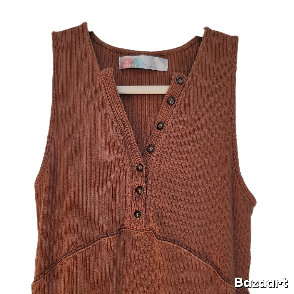 FP Beach Dress L Large Sleeveless Brown Ribbed - Picture 2 of 7